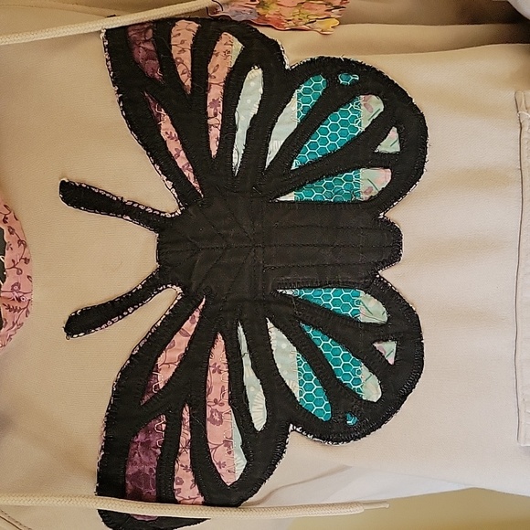 Upcycled tan hooded sweatshirt with butterfly applique & colorful butterflies - Picture 5 of 15